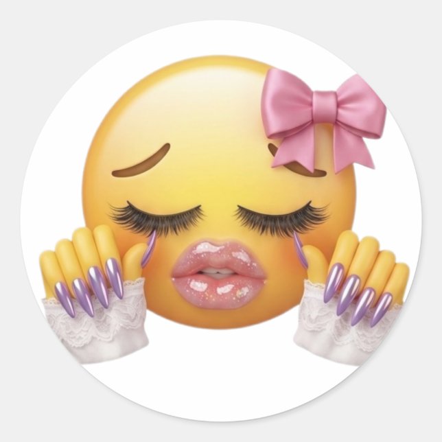 Sassy Crying Emoji with Pink Bow and Nails Classic Round Sticker (Front)