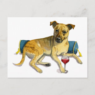 Sassy Dog Enjoying Wine Watercolor Painting Postcard