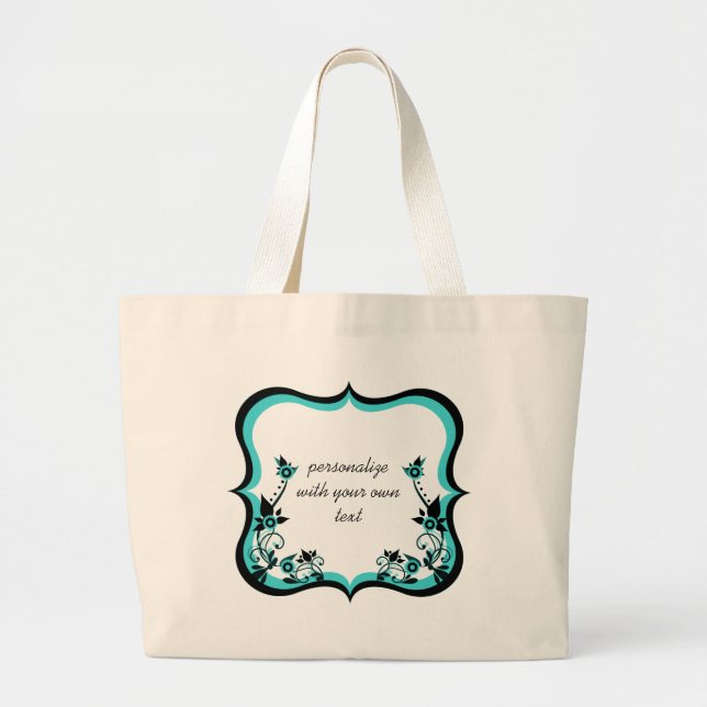 Sassy Floral Frame Bag, Turquoise Large Tote Bag (Front)