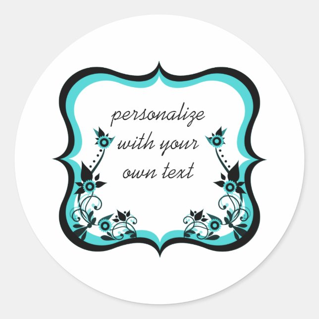 Sassy Floral Frame Stickers, Turquoise Classic Round Sticker (Front)