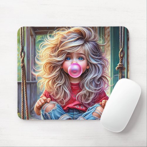 Sassy Girl Blowing Pink Bubblegum Bubbles Mouse Pad