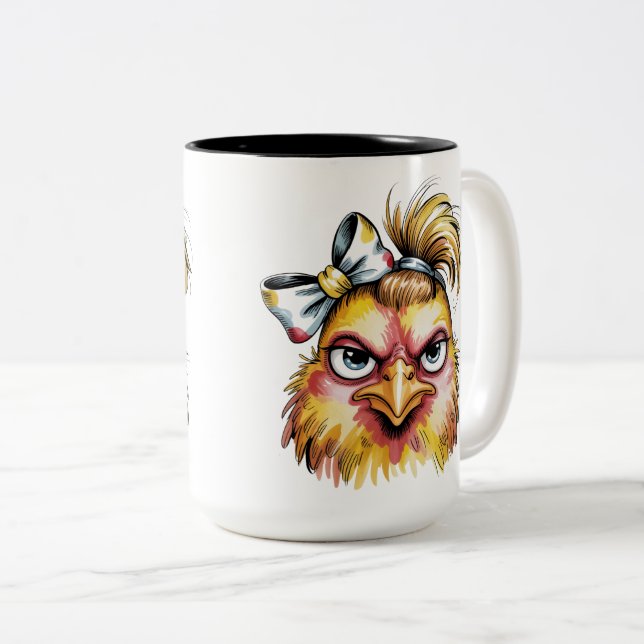 Sassy Grumpy Hen Yellow Bow Messy Hair Funny Two-Tone Coffee Mug (Front Right)