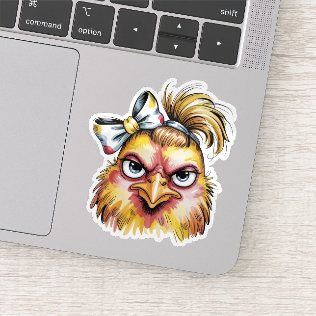 Sassy Grumpy Hen Yellow Bow Messy Hair Sticker (Detail)