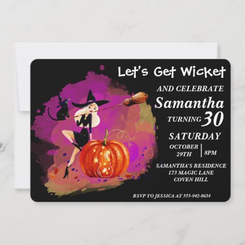 Sassy Halloween Witch With Cat Birthday Invitation