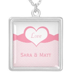 Sassy Heart Fishnet Love Necklace, Pink Silver Plated Necklace