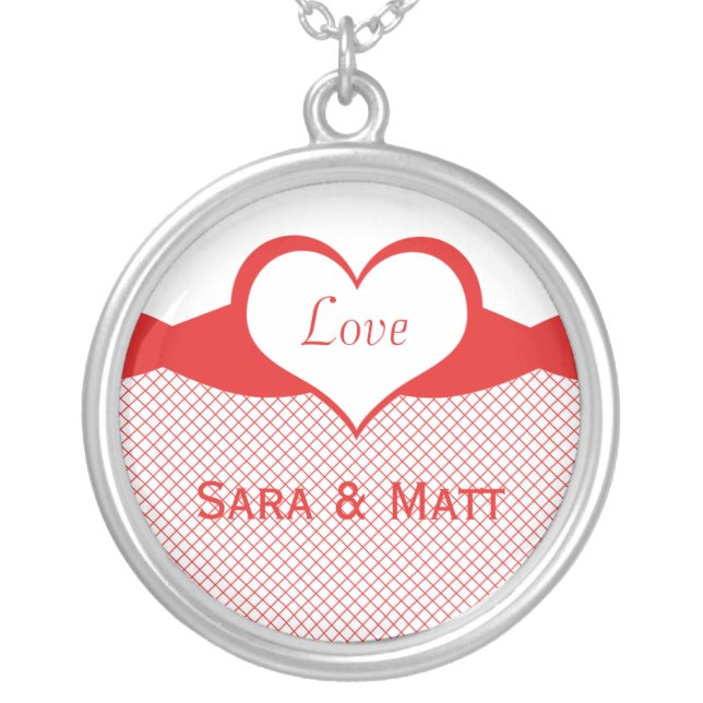 Sassy Heart Fishnet Love Necklace, Red Silver Plated Necklace (Front)