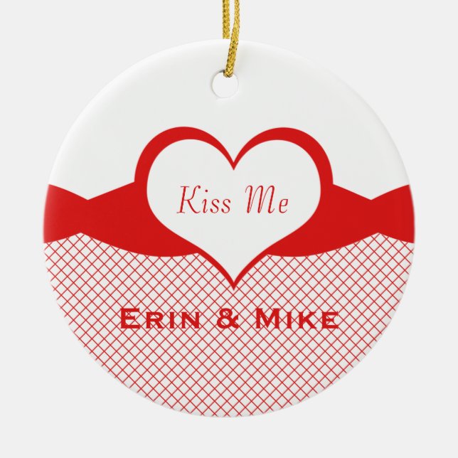 Sassy Heart Fishnet Ornament, Red Ceramic Ornament (Front)