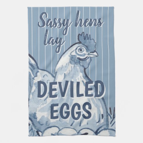 Sassy Hens Lay Deviled Eggs Funny Blue Chicken Art Kitchen Towel