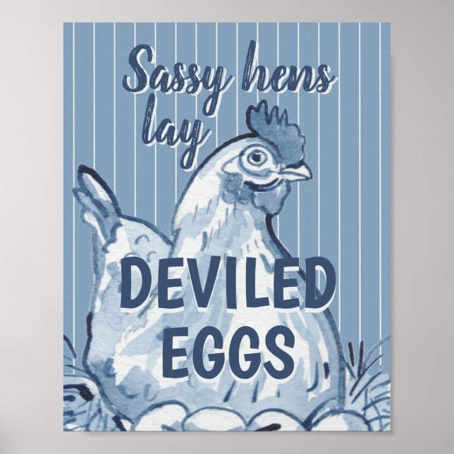 Sassy Hens Lay Deviled Eggs Funny Blue Chicken Art Poster (Front)