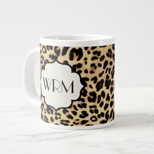 Sassy Leopard Print Monogrammed Large Coffee Mug (Front Left)