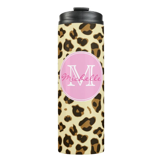 Sassy Leopard Print with Pink Monogram Thermal Tumbler (Front)
