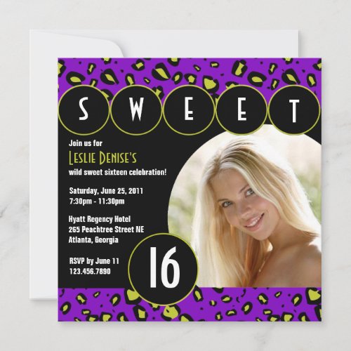 Sassy Leopard Sweet Sixteen Photo Invite Purple