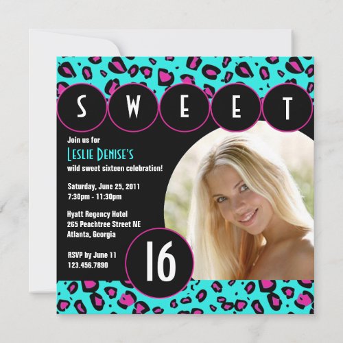 Sassy Leopard Sweet Sixteen Photo Invite [Teal]