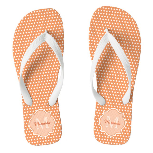Sassy Orange Polka Dots Monogram With Name Flip Flops (Footbed)