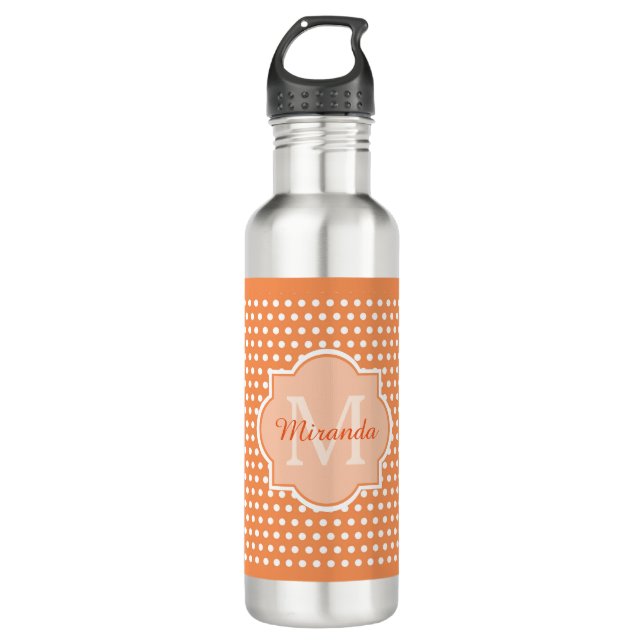 Sassy Orange Polka Dots Monogram With Name Water Bottle (Front)