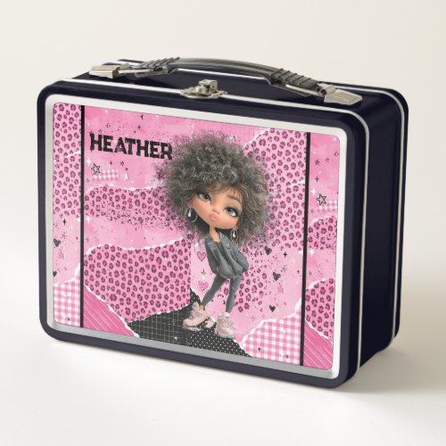Sassy Pink Afro Girl Personalized Metal Lunchbox