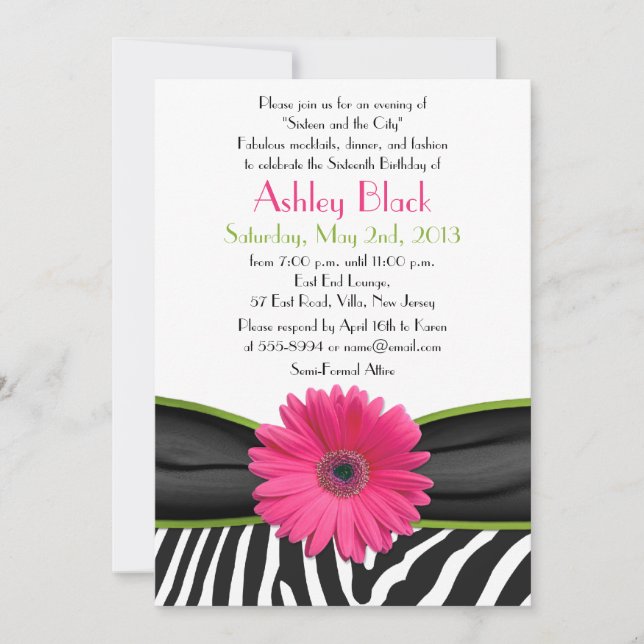 Sassy Pink Daisy Zebra Print Sweet 16 Invitation (Front)