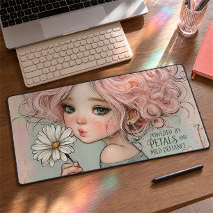 Sassy Pink-Haired Daisy Girl Watercolor Quote Desk Mat