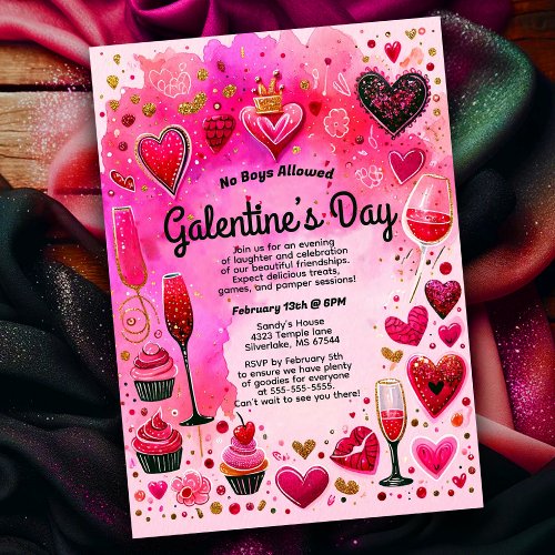 Sassy Pink Watercolor Girls Galentines Day Party Invitation