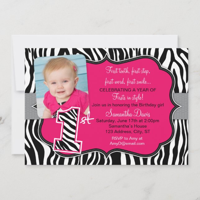 Sassy Pink Zebra Print First Birthday Invitation (Front)