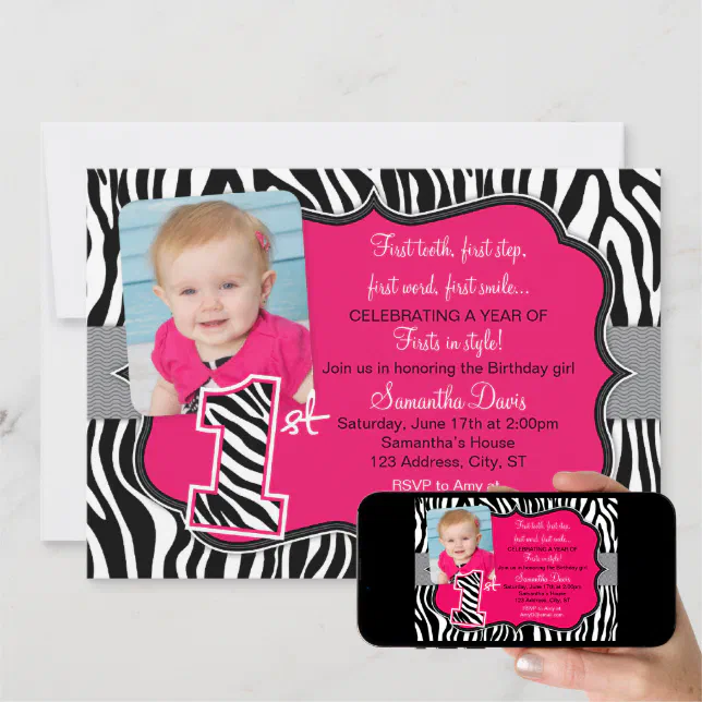 Sassy Pink Zebra Print First Birthday Invitation | Zazzle