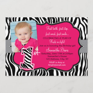 Sassy Pink Zebra Print First Birthday Invitation