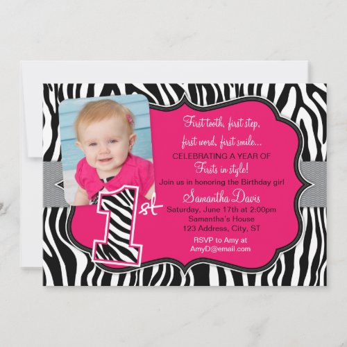 Sassy Pink Zebra Print First Birthday Invitation