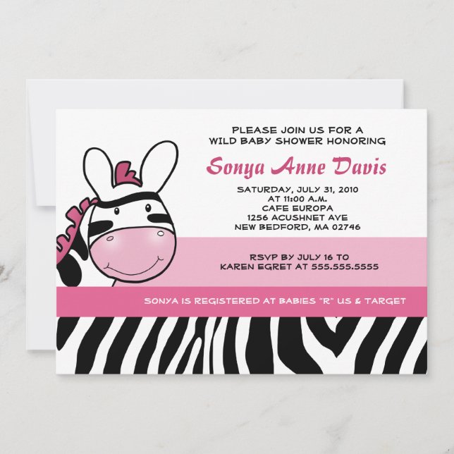 Sassy Pink Zebra Stripe Diva Baby Shower 5x7 Invit Invitation (Front)