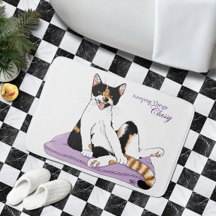 Sassy Purple Whimsical Calico Cat Classy  Bathroom Mat