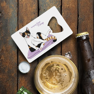 Sassy Purple Whimsical Calico Cat Classy  Credit Card Bottle Opener