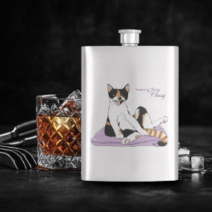 Sassy Purple Whimsical Calico Cat Classy  Hip Flask