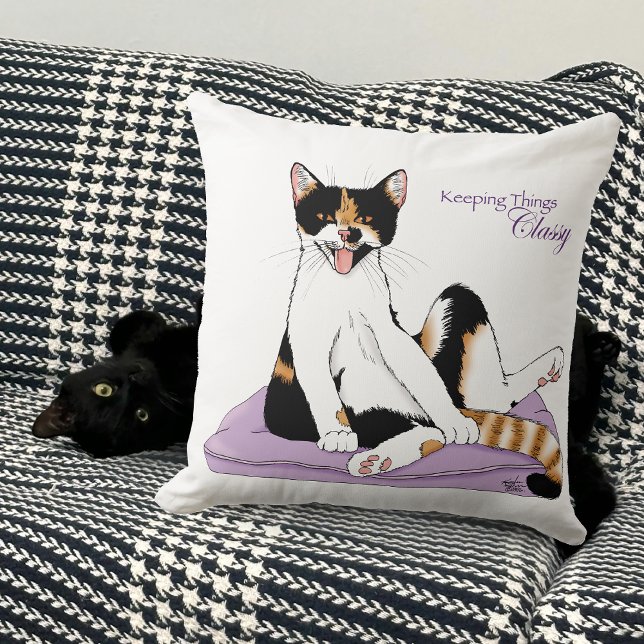 Sassy Purple Whimsical Calico Cat Classy  Throw Pillow (Creator Uploaded)