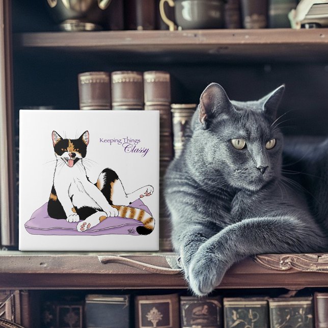 Sassy Purple Whimsical Calico Cat Classy  Tile (Creator Uploaded)