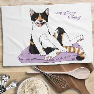 Sassy Purple Whimsical Calico Cat Classy  Towel