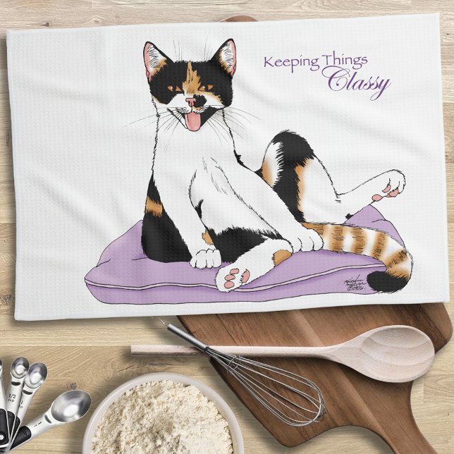 Sassy Purple Whimsical Calico Cat Classy  Towel (Creator Uploaded)