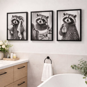 Sassy Raccoon Getting Ready - Funny Bathroom Decor Wall Art Sets