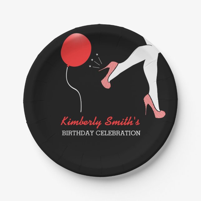 Sassy Red Stiletto High Heels Birthday Paper Plates (Front)
