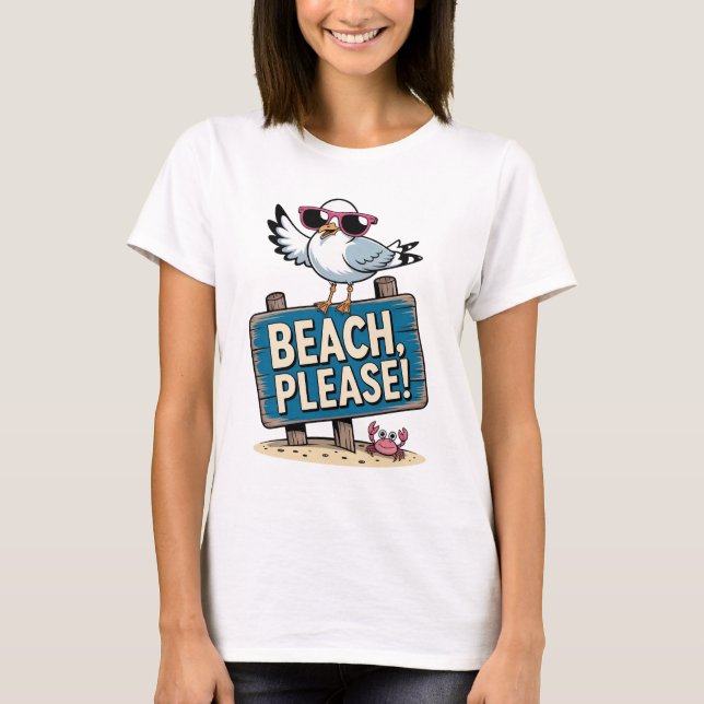 Sassy Seagull Beach Please Pink Retro T-Shirt (Front)