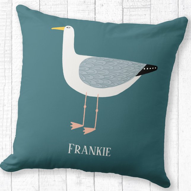 Sassy Seagull Personalized Throw Pillow (Fun seagull personalized name coastal themed throw pillow)