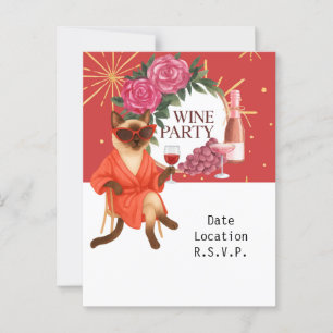 Sassy Siamese Cat drinking for Wine party invite