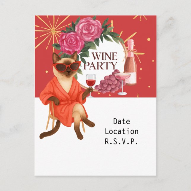 Sassy Siamese Cat drinking for Wine party invite (Front)