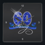 Sassy Sixty Sparkle ID191 Square Wall Clock<br><div class="desc">This classy design features a giant,  blue faux-glitter '60',  script text 'Sassy' and ribbon banner over a black background. Search ID191 to see this design for other ages and on additional products.</div>
