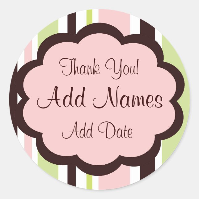 Sassy Stripe Pink and Brown Wedding Favor Sticker (Front)