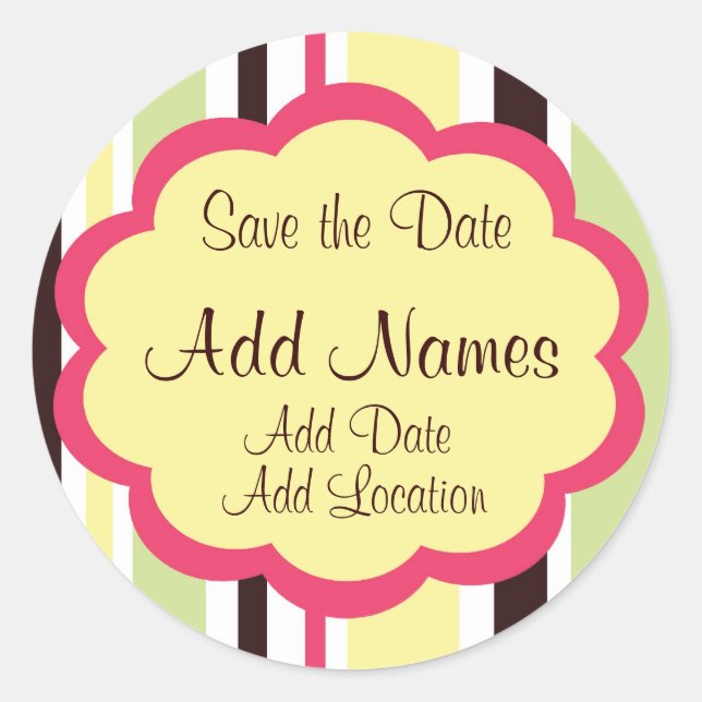 Sassy Stripe Pink  Wedding "Save the Date" Sticker (Front)
