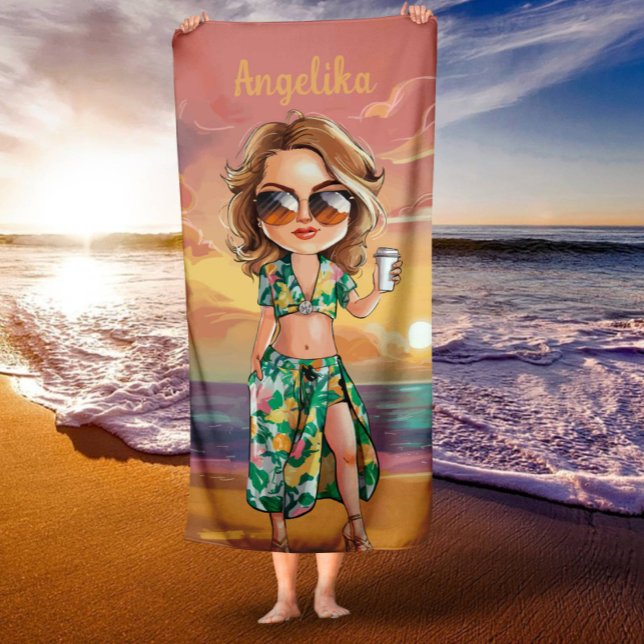 Sassy Summer Lady Personalized Name Beach Towel (Creator Uploaded)