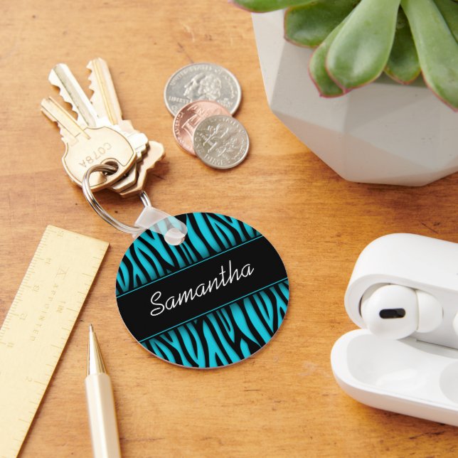 Sassy Teal Blue Zebra Personalized Keychain (Desk)
