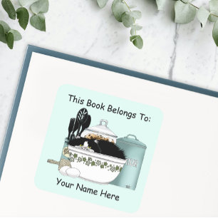 Sassy Tuxedo Cat Vintage Bowl Aqua Retro Bookplate