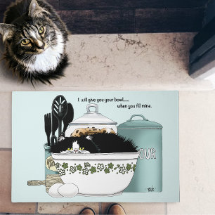 Sassy Tuxedo Cat Vintage Bowl Aqua Retro Kitchen Doormat