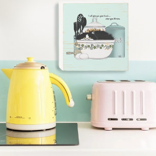 Sassy Tuxedo Cat Vintage Bowl Aqua Retro Kitchen Wooden Box Sign