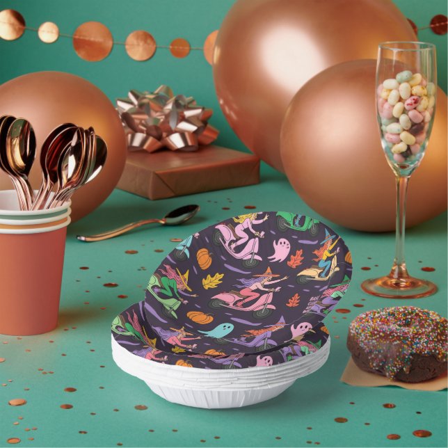Sassy Witch Moped Pattern –Cute Pastel Witches  Paper Bowls (Multi)
